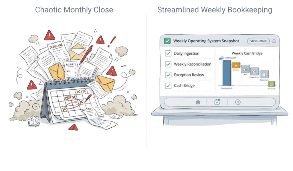Comparison showing chaotic monthly close versus streamlined weekly bookkeeping with a dashboard, cash bridge, and exception review for an ecommerce business