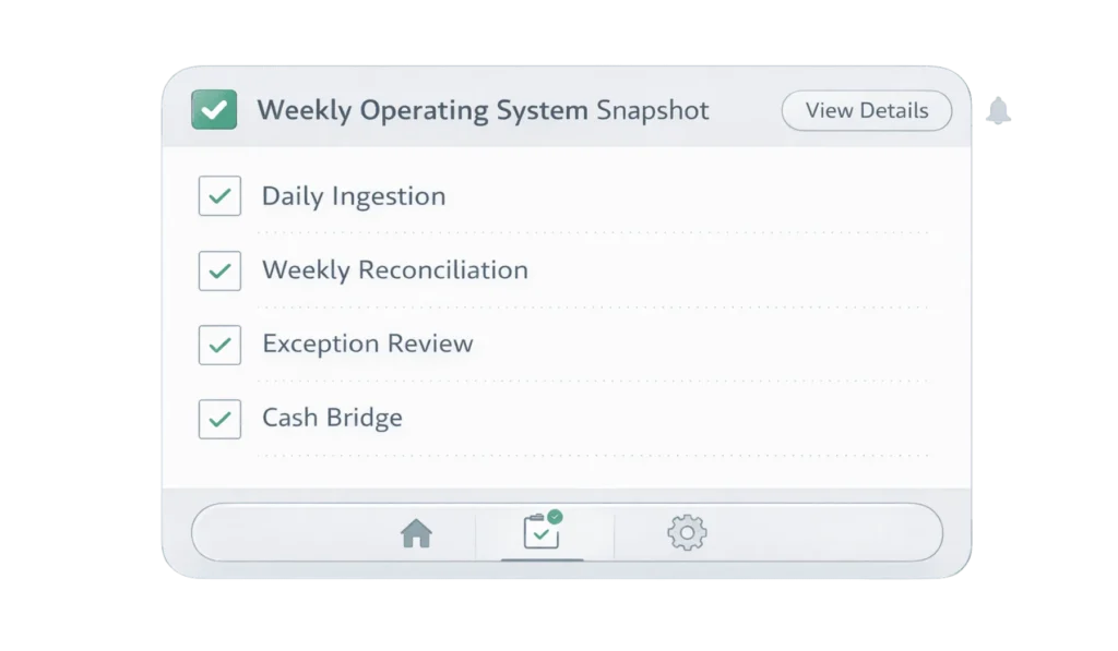 Weekly operating system dashboard showing daily ingestion, weekly reconciliation, exception review, and cash bridge for ecommerce bookkeeping